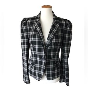 Express Womens Fitted Blazer Single Button Black Gray Plaid Lined Jacket Size 10
